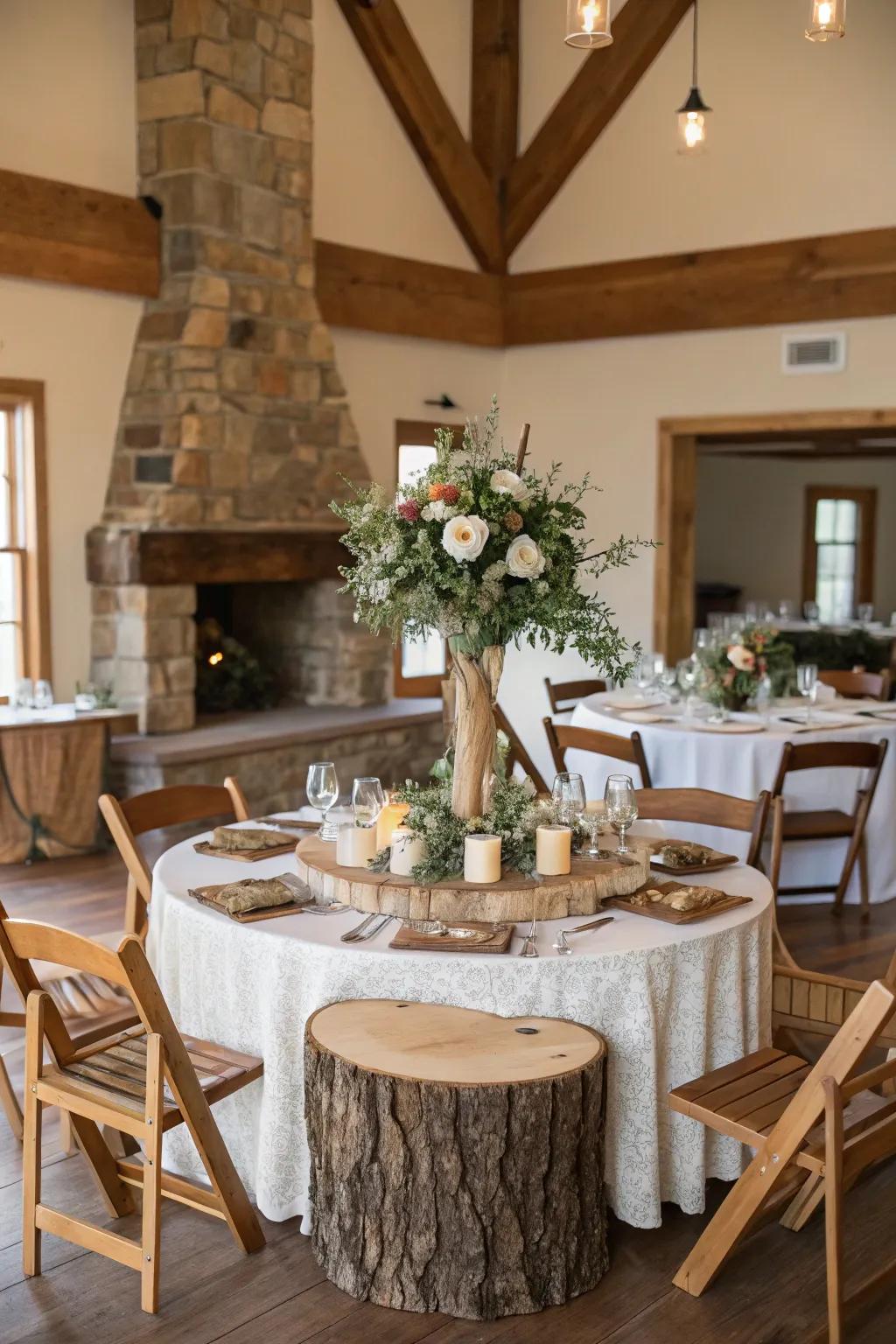 A rustic wood slice infuses a simple centerpiece with extra charm.