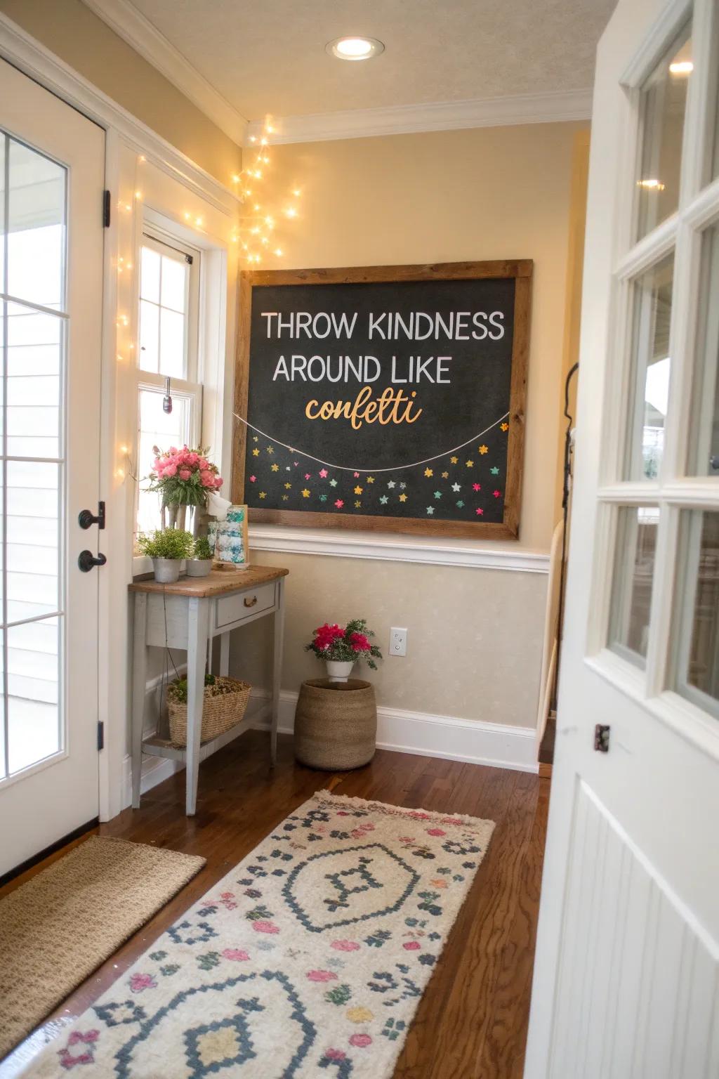An entryway showcasing a chalkboard adorned with a kindness-inspired saying.