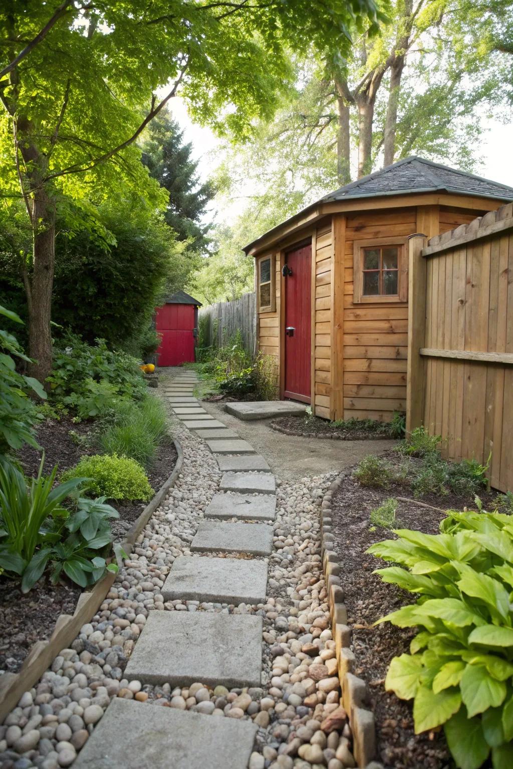 A stone pathway enhances both the aesthetic and usability of your shed area.