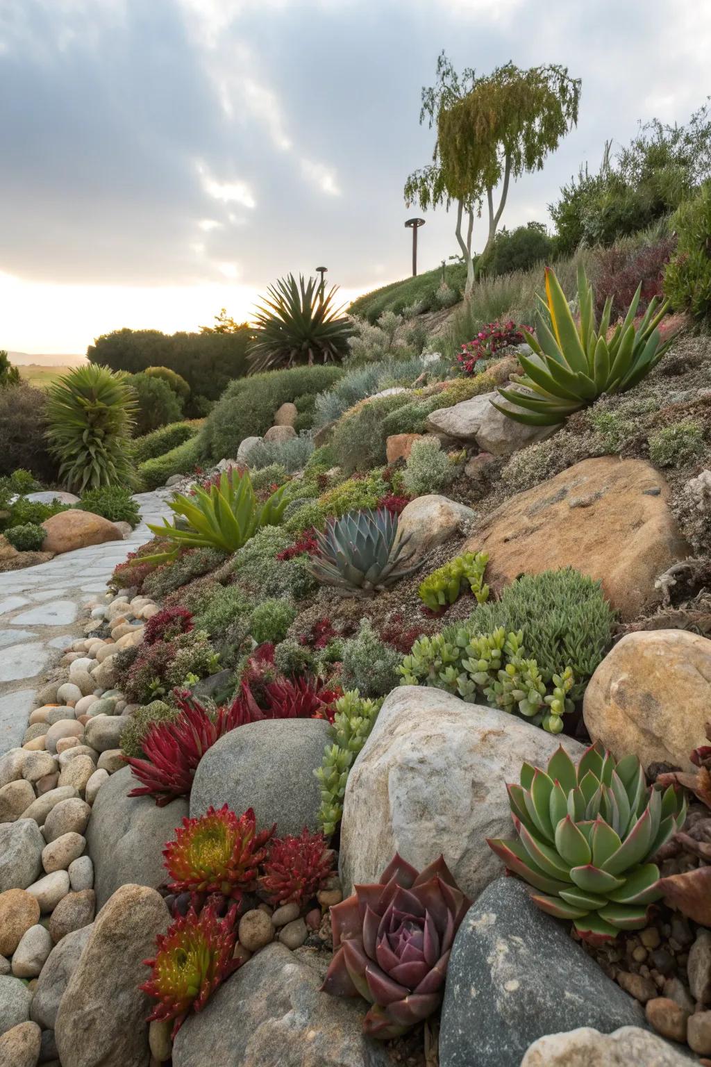 Succulents introduce an energetic vibe to rock-based landscapes.