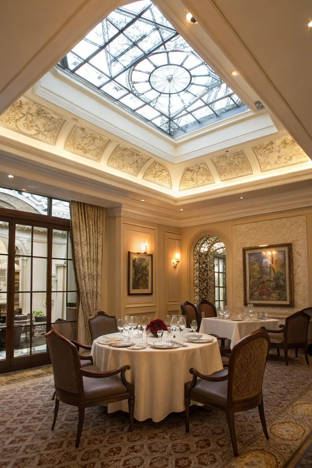 An elegant dining space where the skylight is beautifully accentuated by decorative molding.