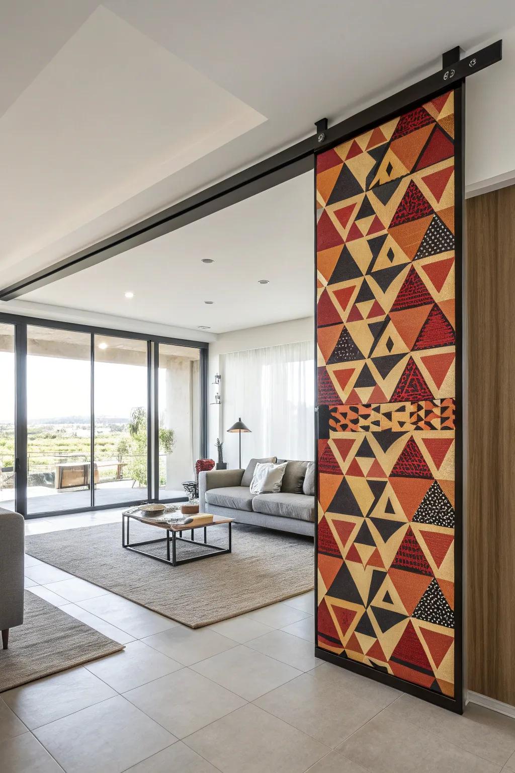 This contemporary sliding door with geometric patterns makes an artistic statement.
