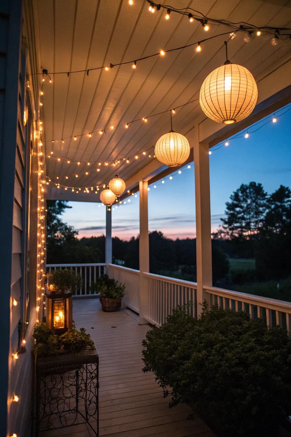 String lights and lanterns give off a warm radiance on this compact back porch.