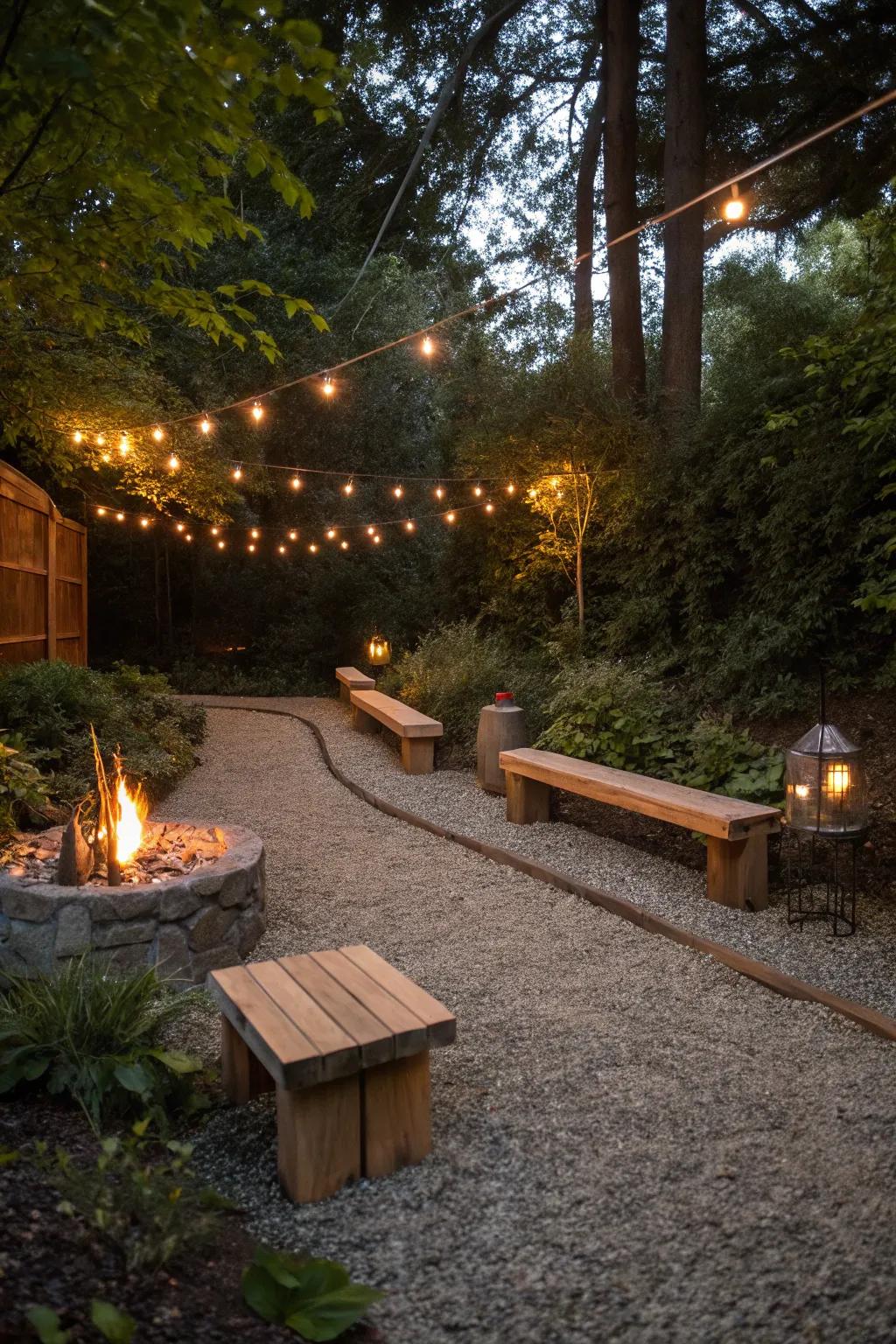 Natural charm meets comfort with a gravel ground covering and built-in seating.