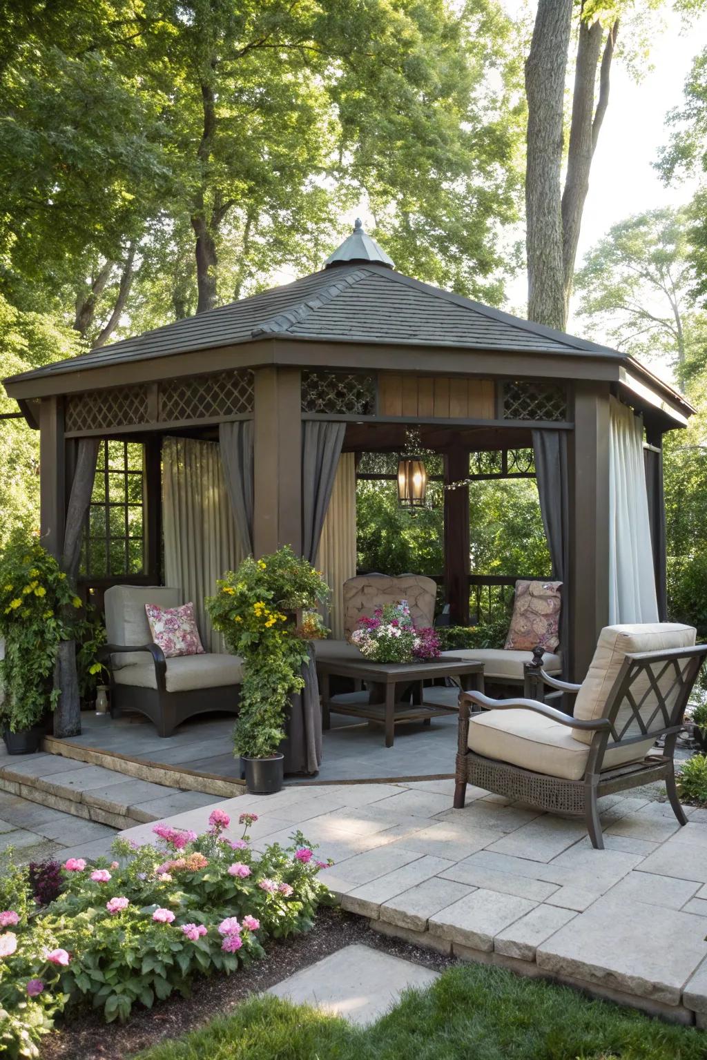 A small shelter with inviting seating for relaxation.