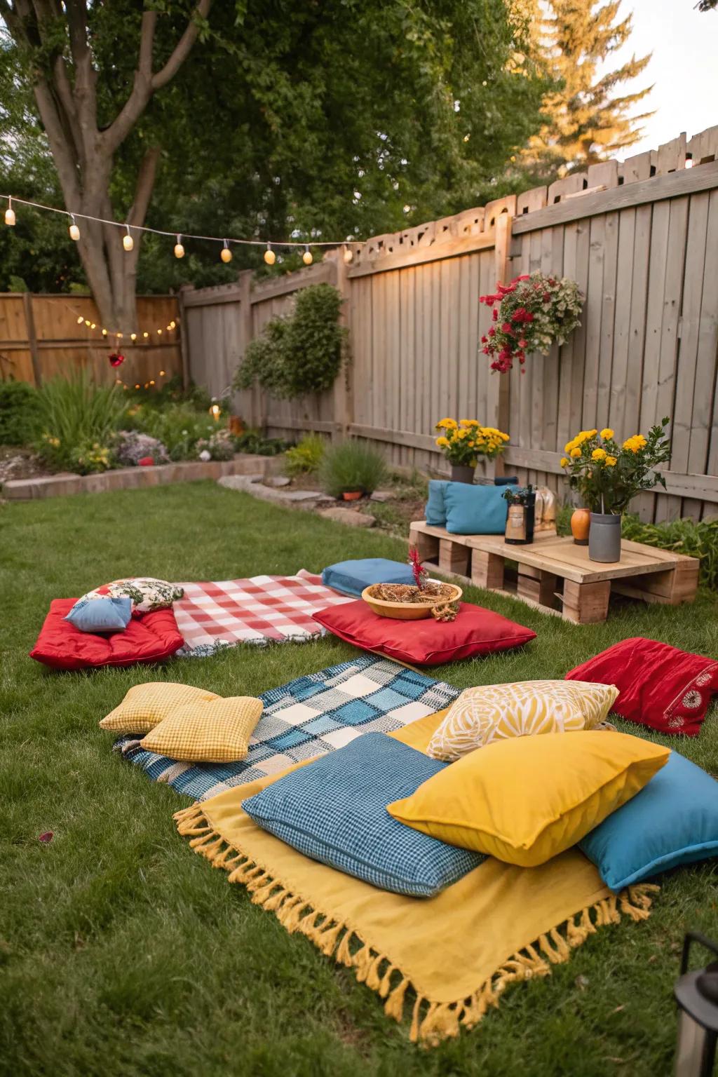 Snug picnic-style seating featuring lively textiles