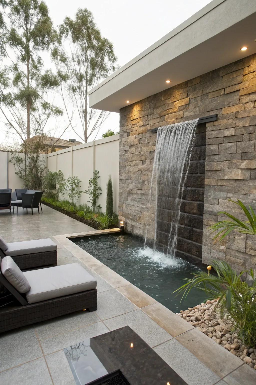 A wall-affixed waterfall contributes a contemporary and classy touch to your garden.