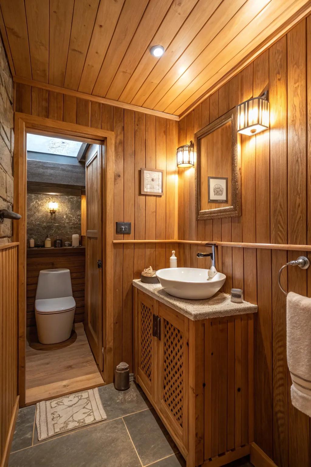 Wood paneling in a small bathroom, amplifying warmth and a serene atmosphere.
