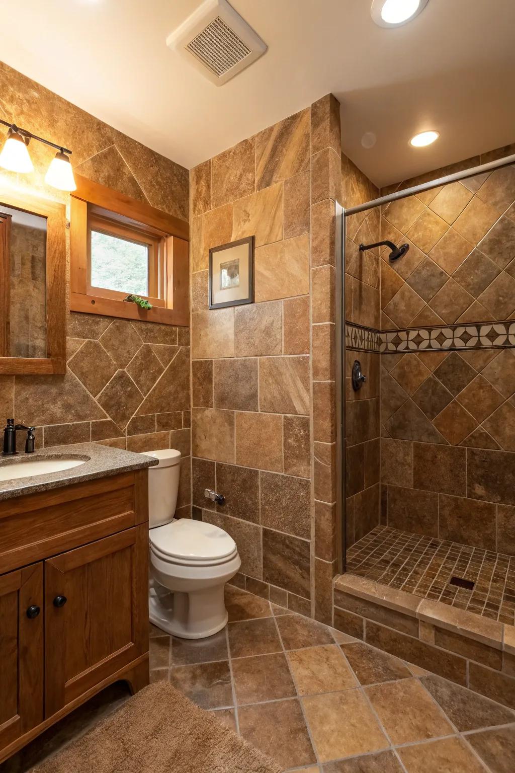Natural brown stone tiles craft a spa-inspired retreat.