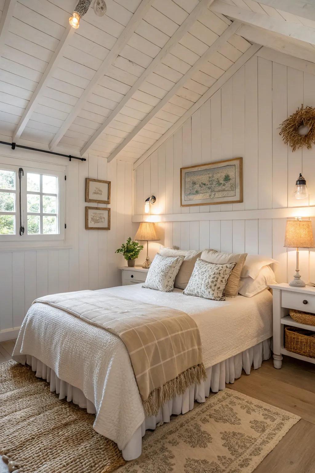 Neutral tones create an airy and serene cottage bedroom.