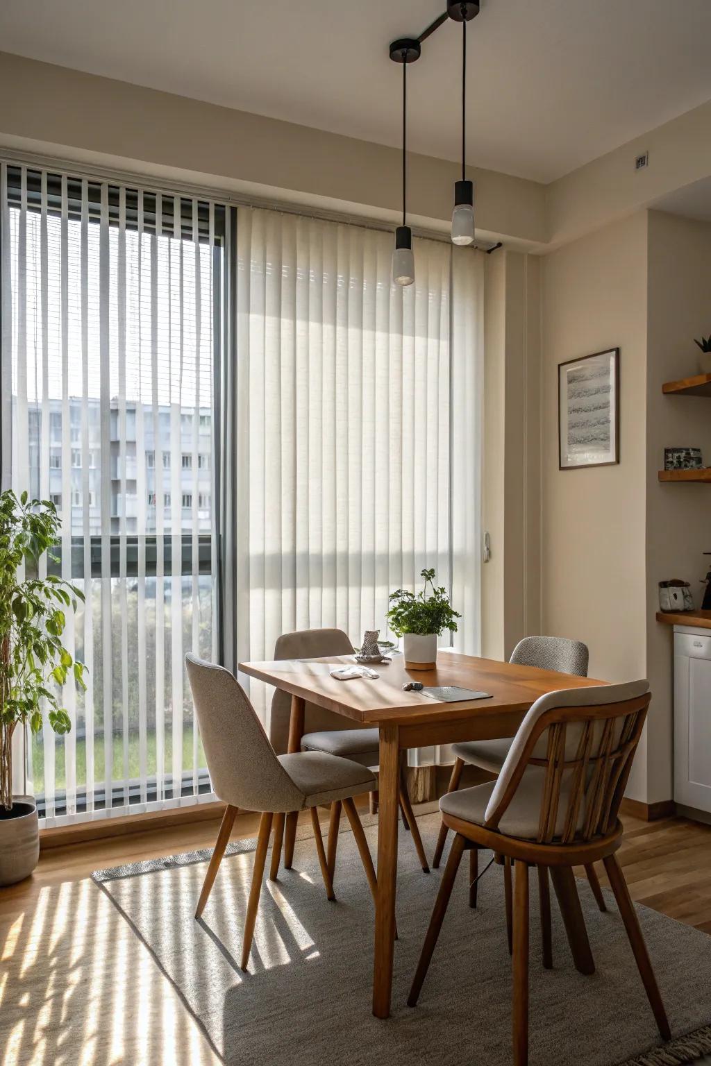 Upright blinds contribute a polished, contemporary note to wider windows.