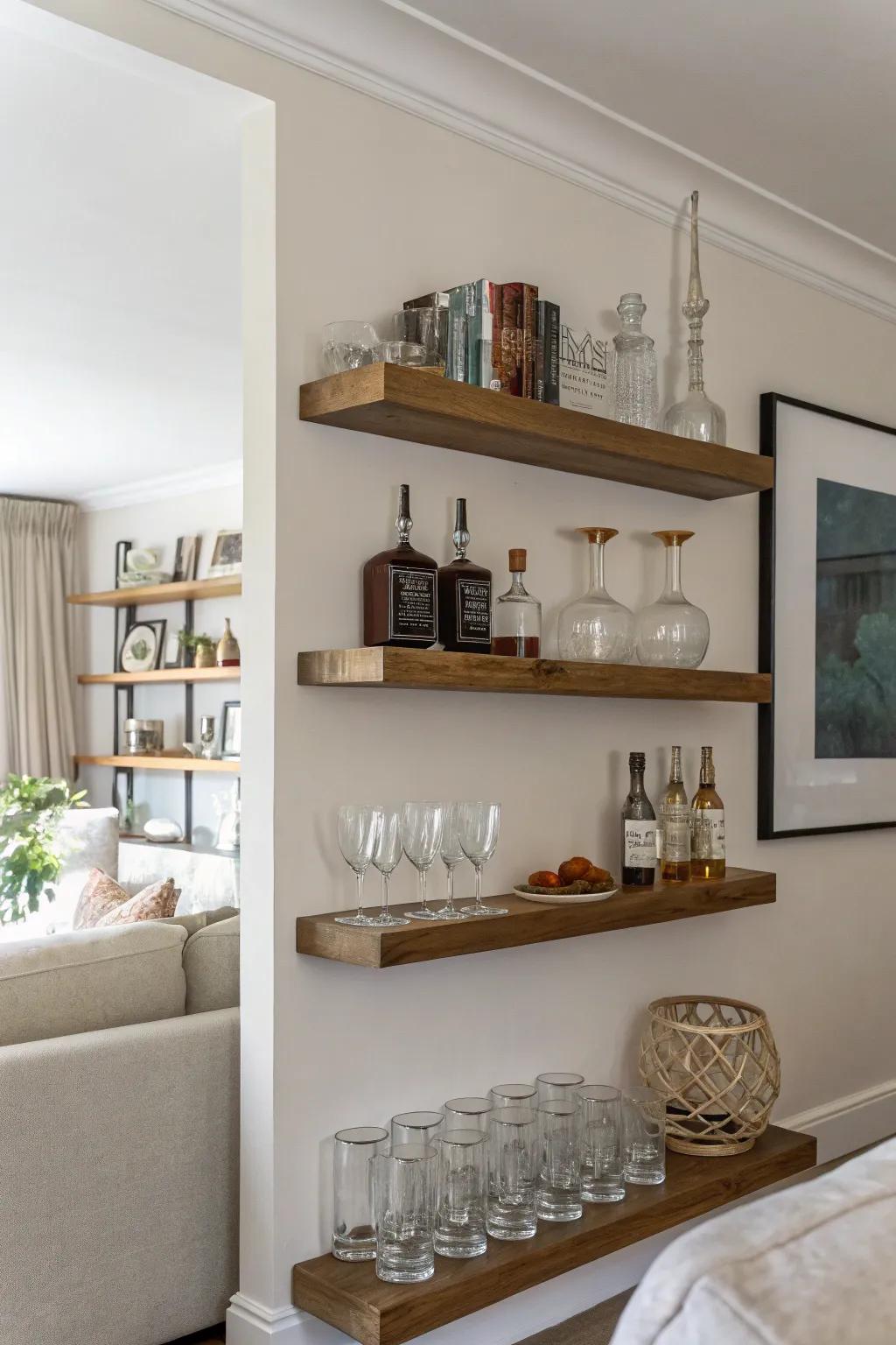 Minimalist floating shelves for a sleek dry bar.