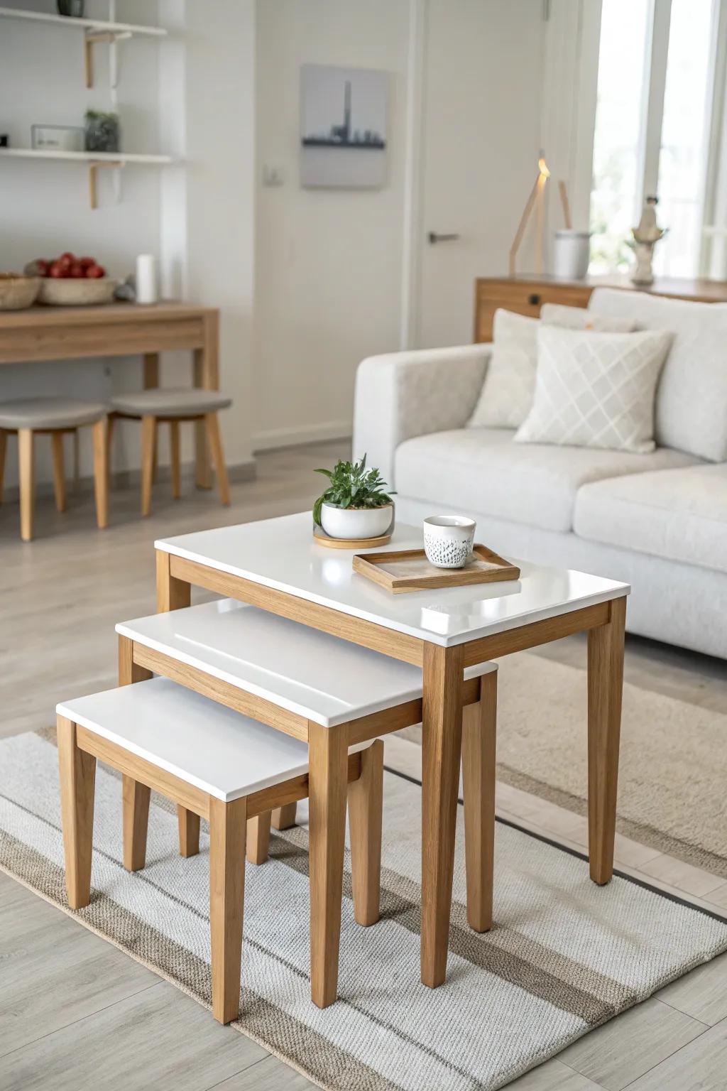 Nesting tables optimize space in an uncluttered room.