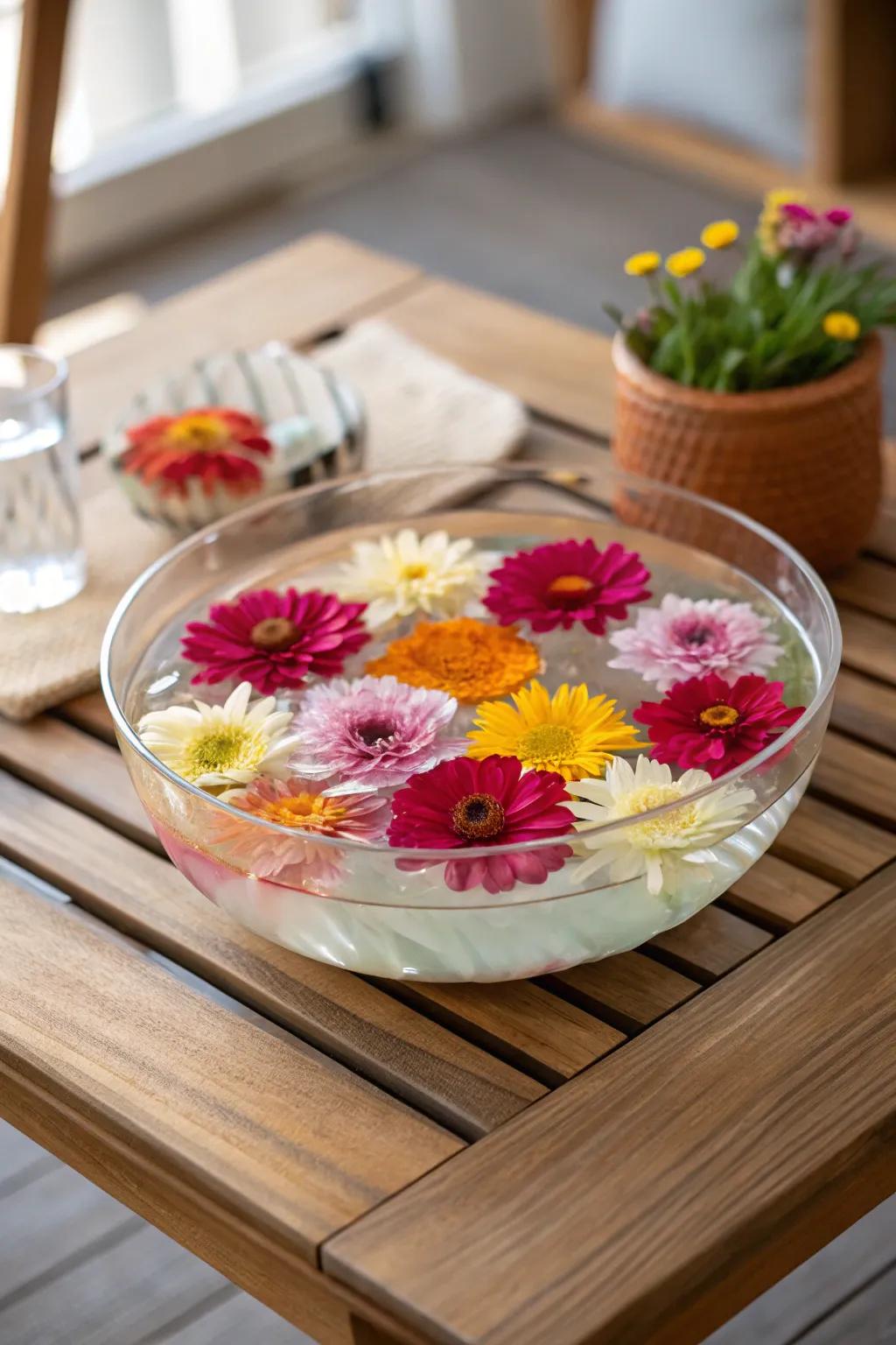 Floating flowers create a tranquil and captivating display.