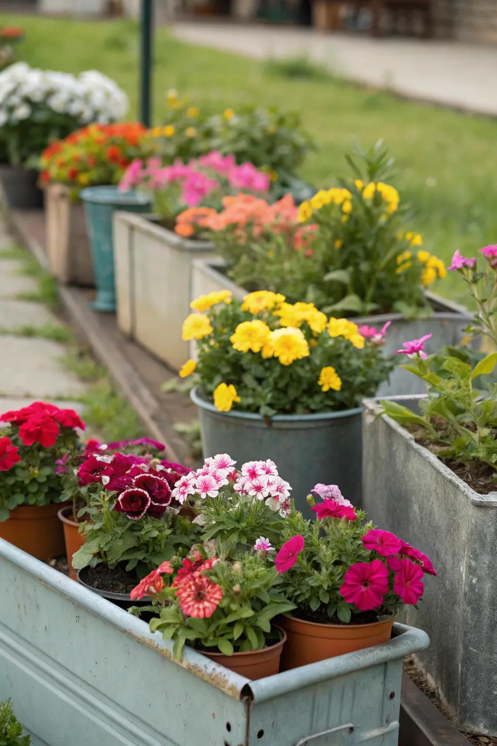 A versatile compact flower garden displaying a selection of pots filled with flowering plants.