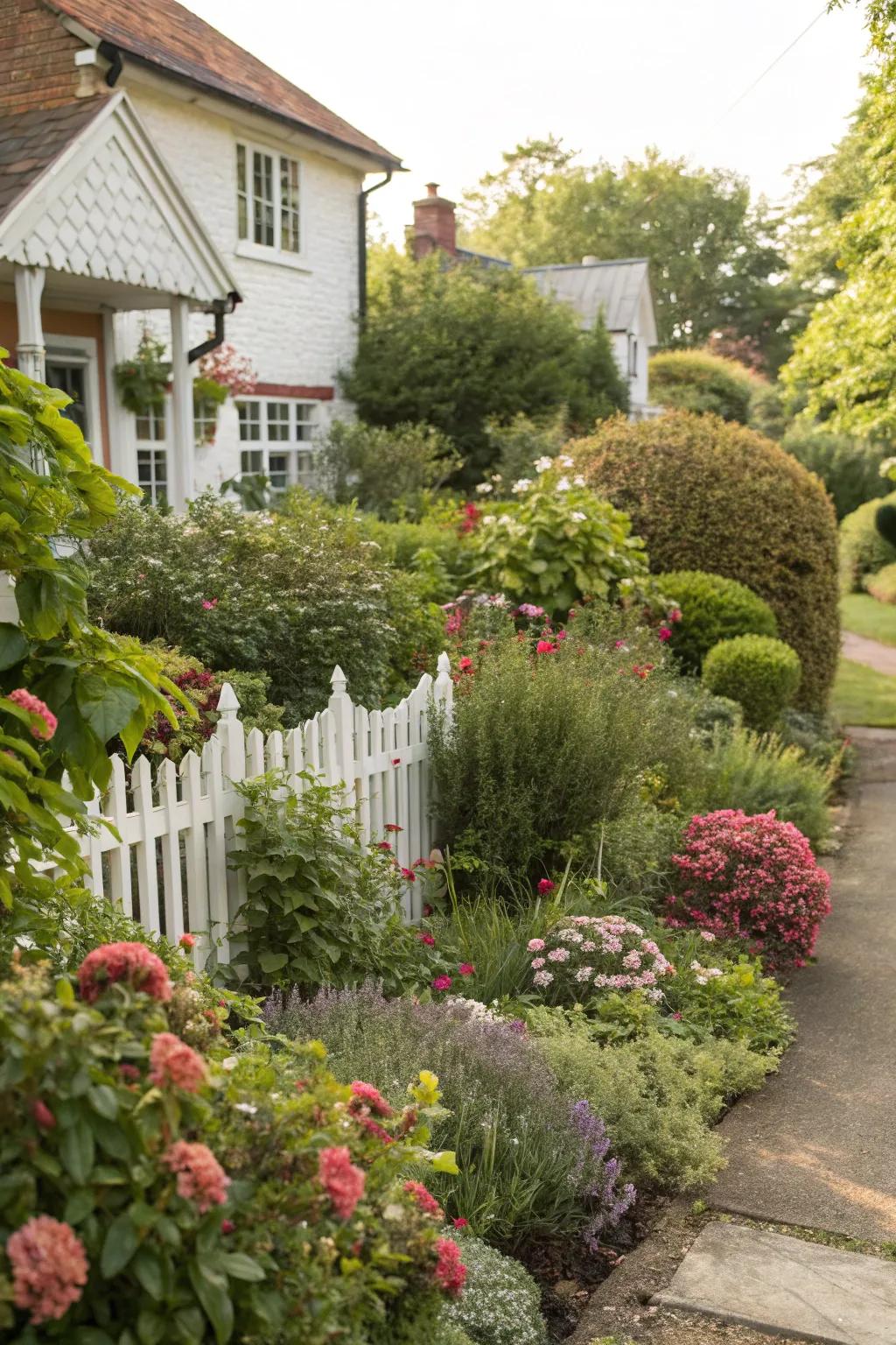 A dynamic mix of bushes and flowering flora in a compact front garden.