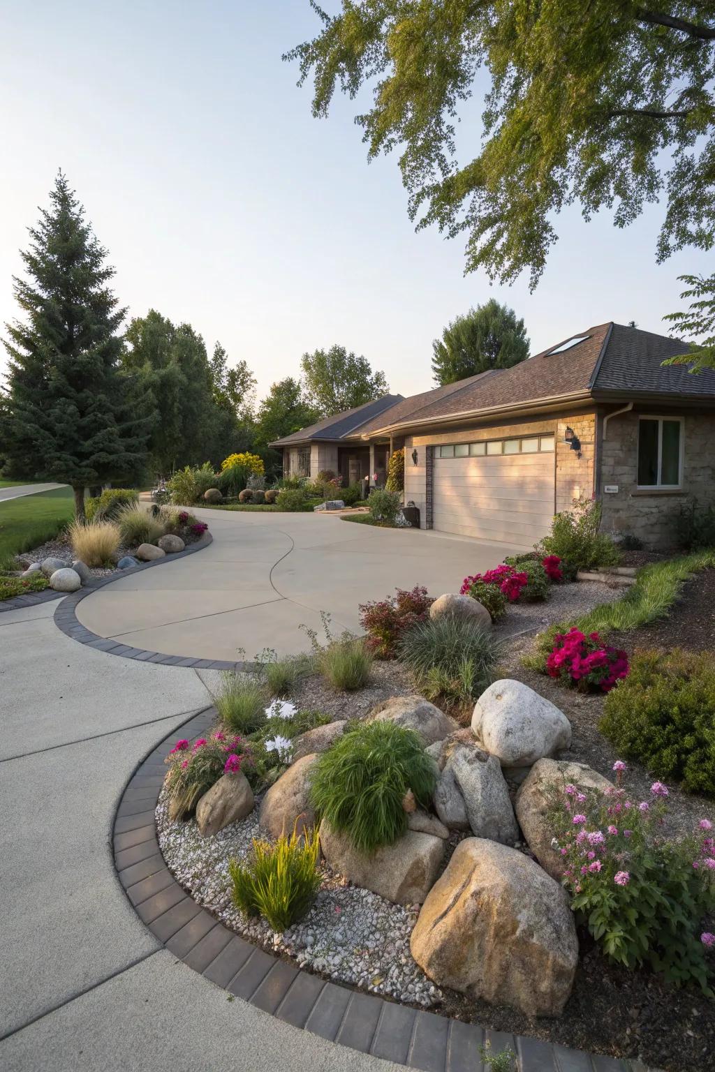 A roundabout driveway optimizes space and infuses visual dynamism.