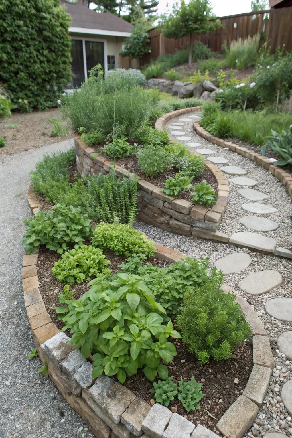 A winding herb garden is a creative and effective method to grow a variety of herbs.