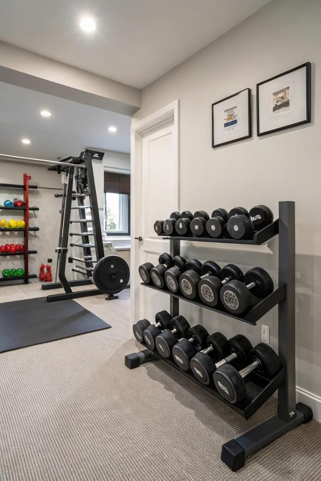 A storage rack for dumbbells helps keep your small gym neat and organized.
