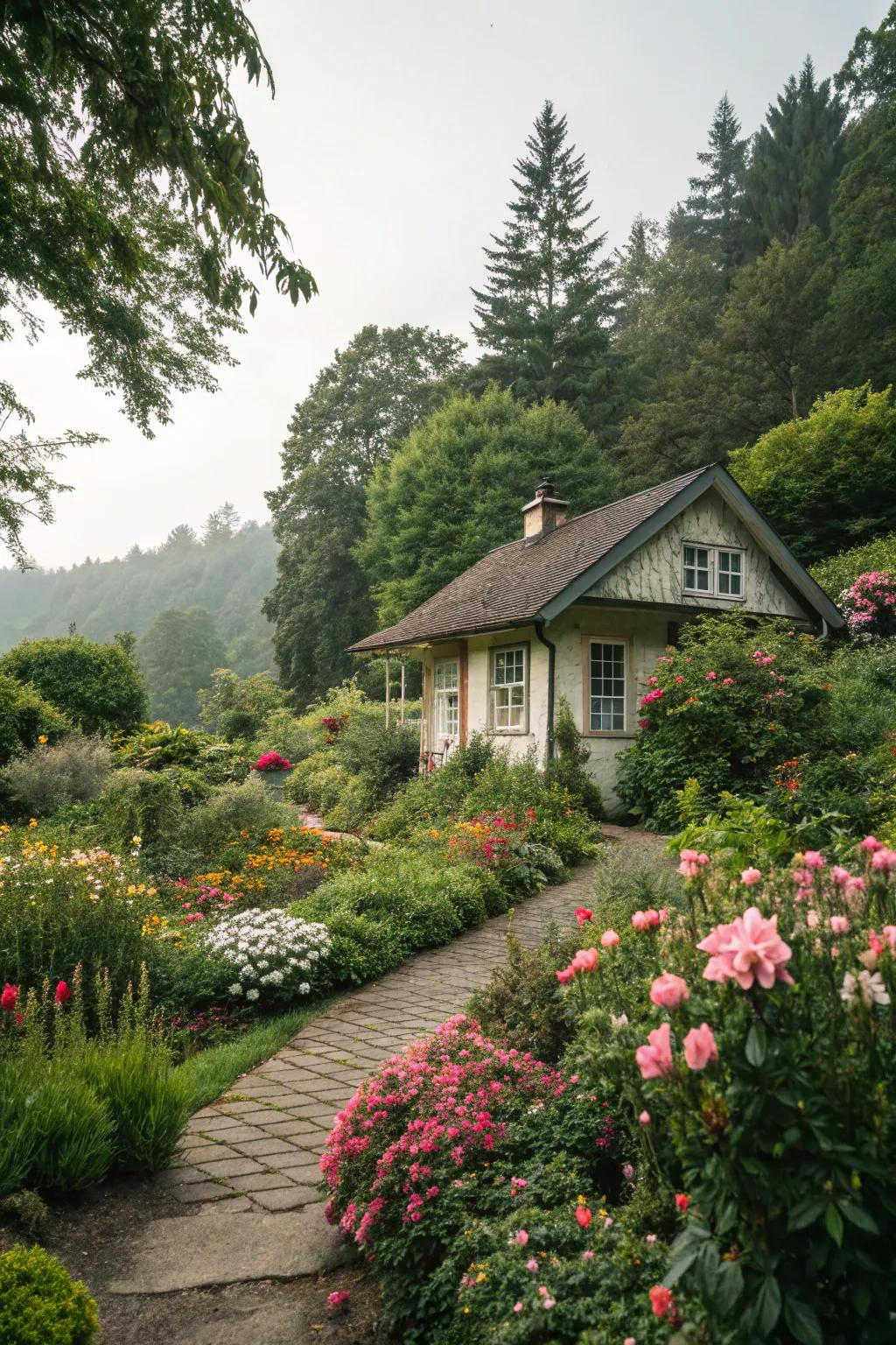 Lush greenery enriches the allure and calmness of a small dwelling.