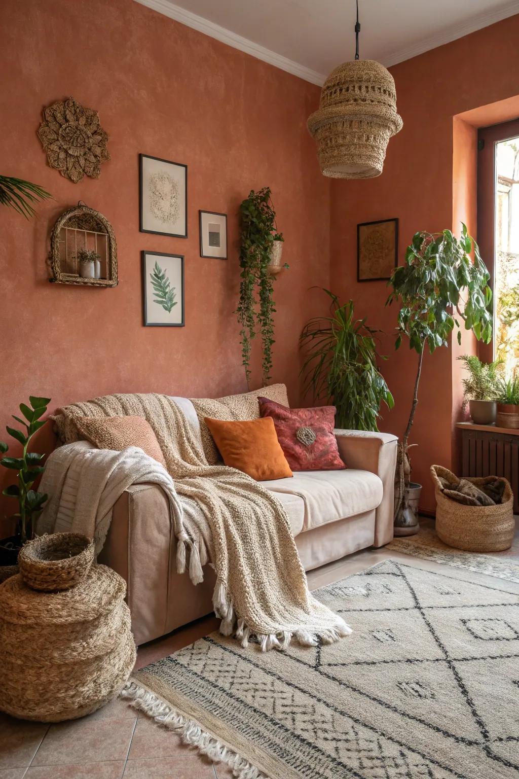 A small living area with terracotta walls creating a sense of warmth.