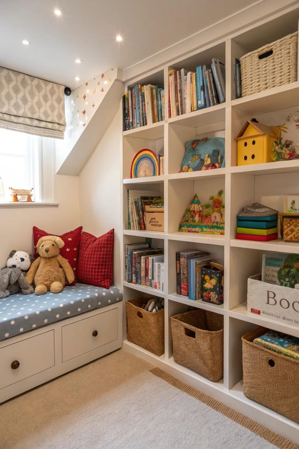 Built-in shelves provide ample storage while keeping the room tidy.