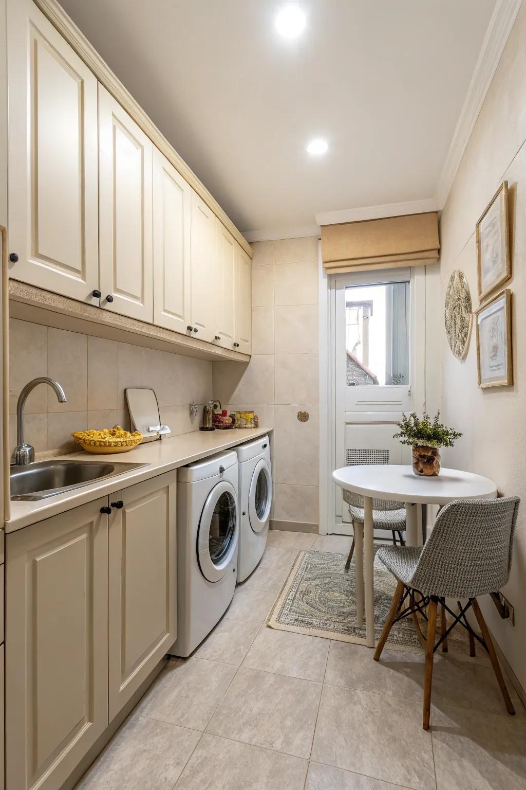 A compact kitchen and laundry zone featuring a uniform light color scheme for visual harmony.
