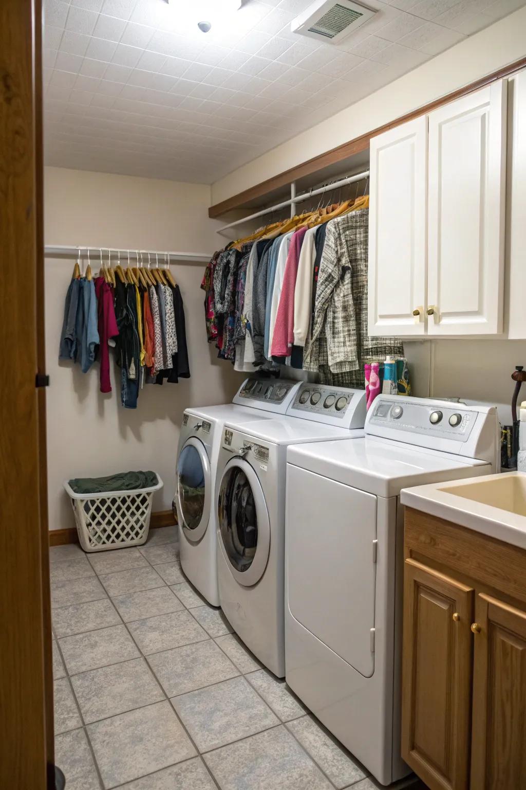 A hanging rod adds functional elegance to your laundry routine.