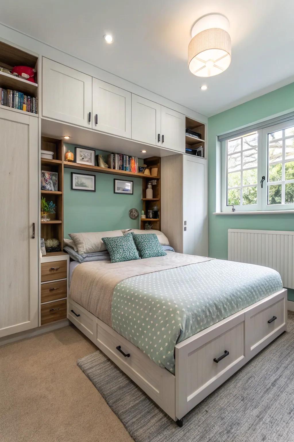 Strategic furniture selections optimize the utilization of space within a compact master bedroom.