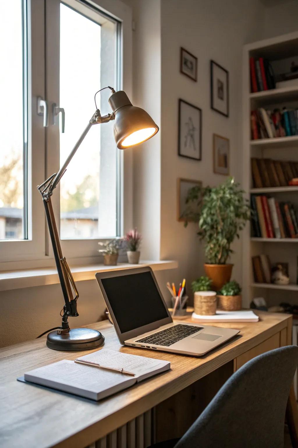 A small home office that is well lit with a desk light and natural sunlight.