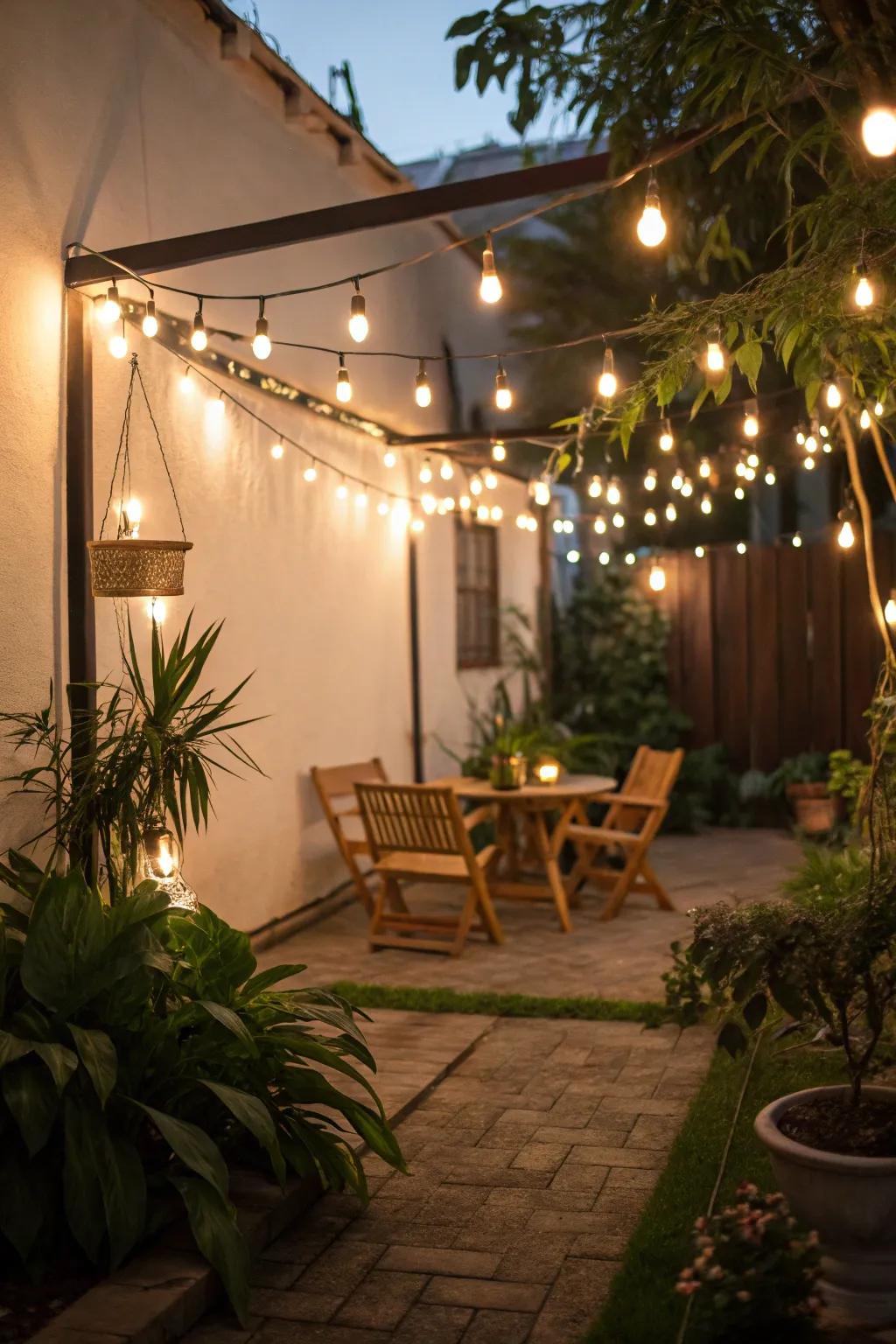 String lights impart a magical sensation to your compact outdoor zone.