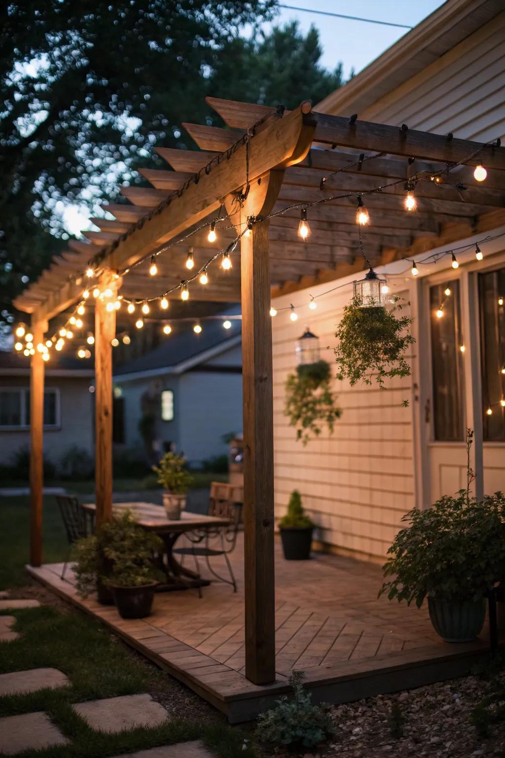 Fairy lights cast a comforting, welcoming radiance across a small patio framework.