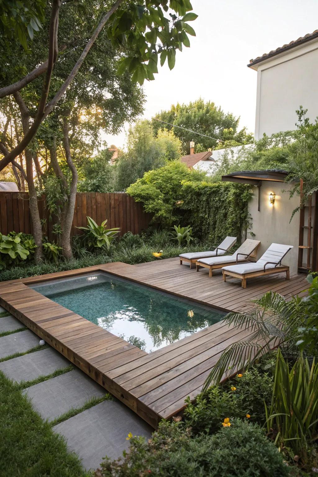 A timber deck smoothly blends with the pool, improving the outdoor relaxation space.