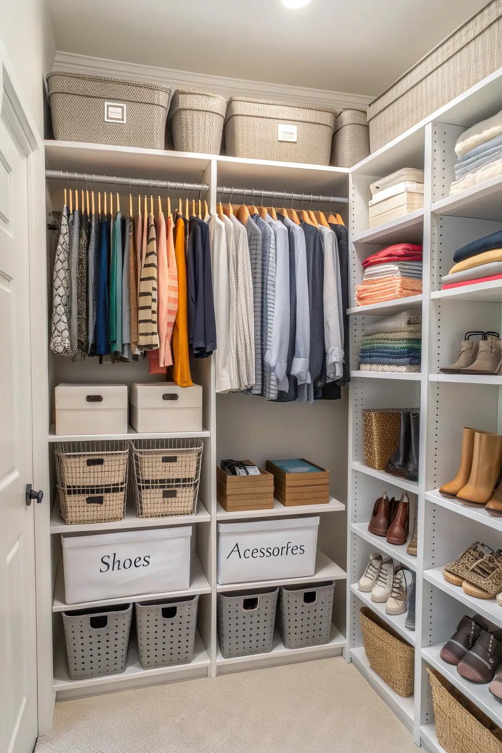 A well-organized closet with shelves and bins.
