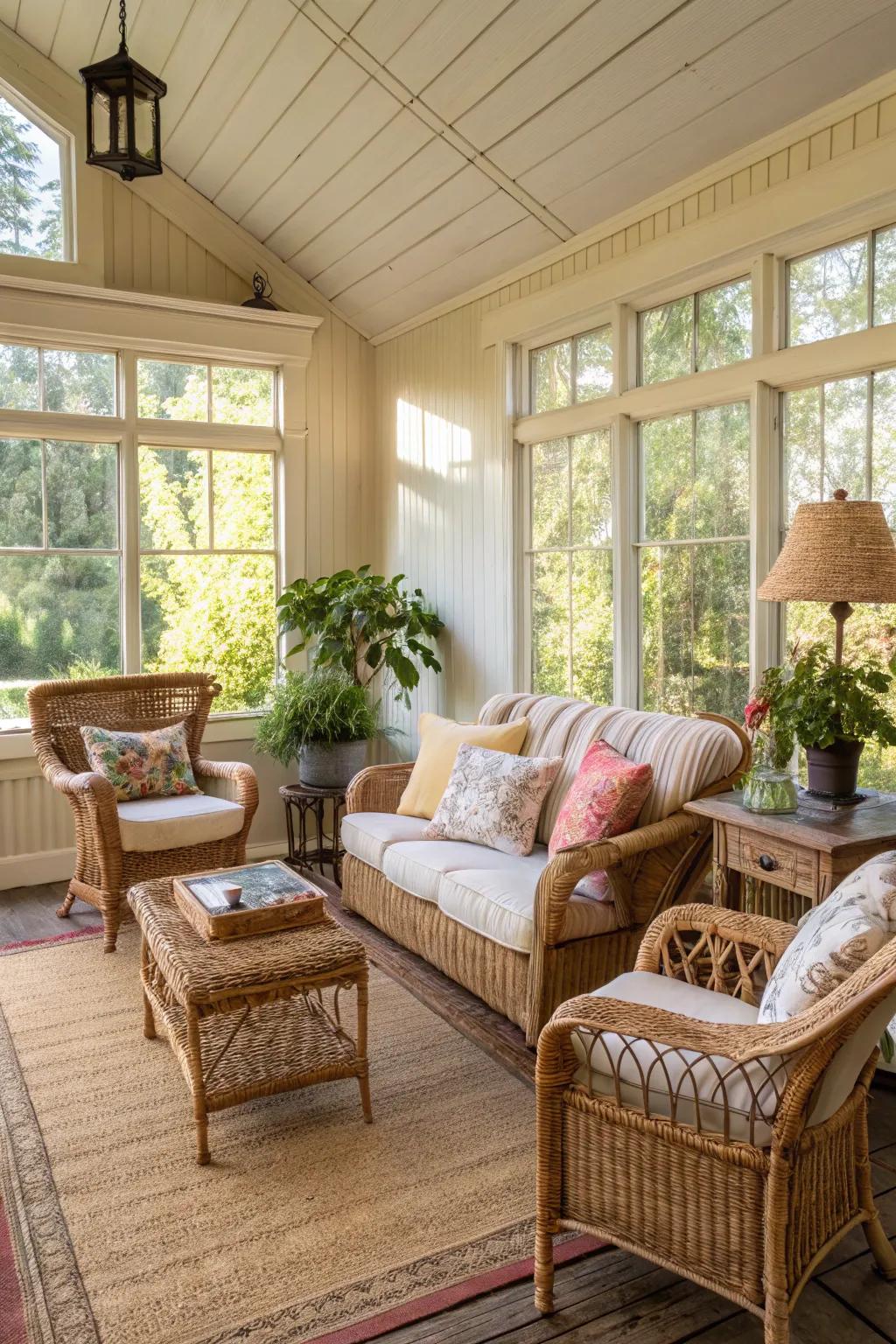 Rattan furniture adds a touch of classic comfort to this sunroom.