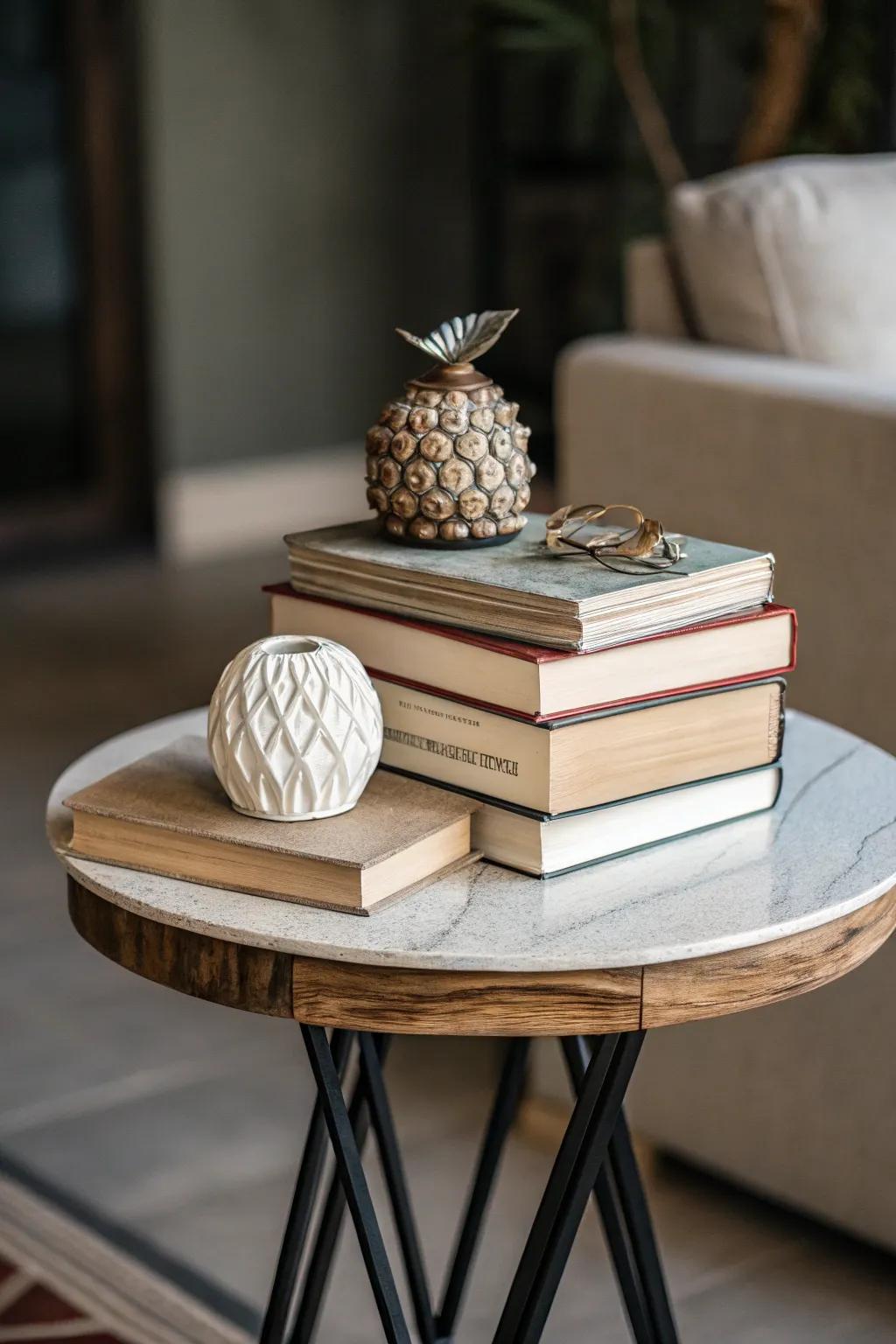 Neatly stacked books on a side table bring depth and personality.