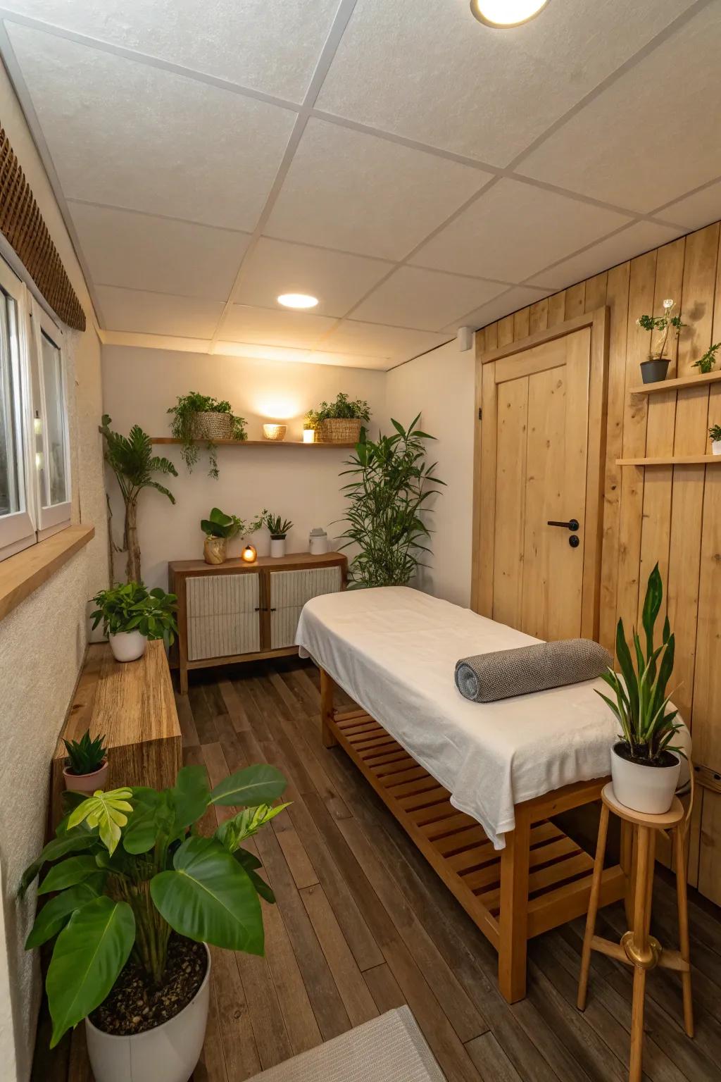 Nature-inspired components like plants imbue your massage space with tranquility.