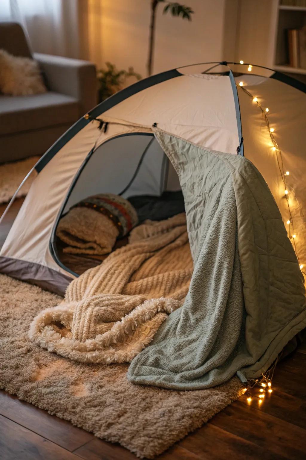 A cozy tent arrangement featuring a soft rug and blanket.
