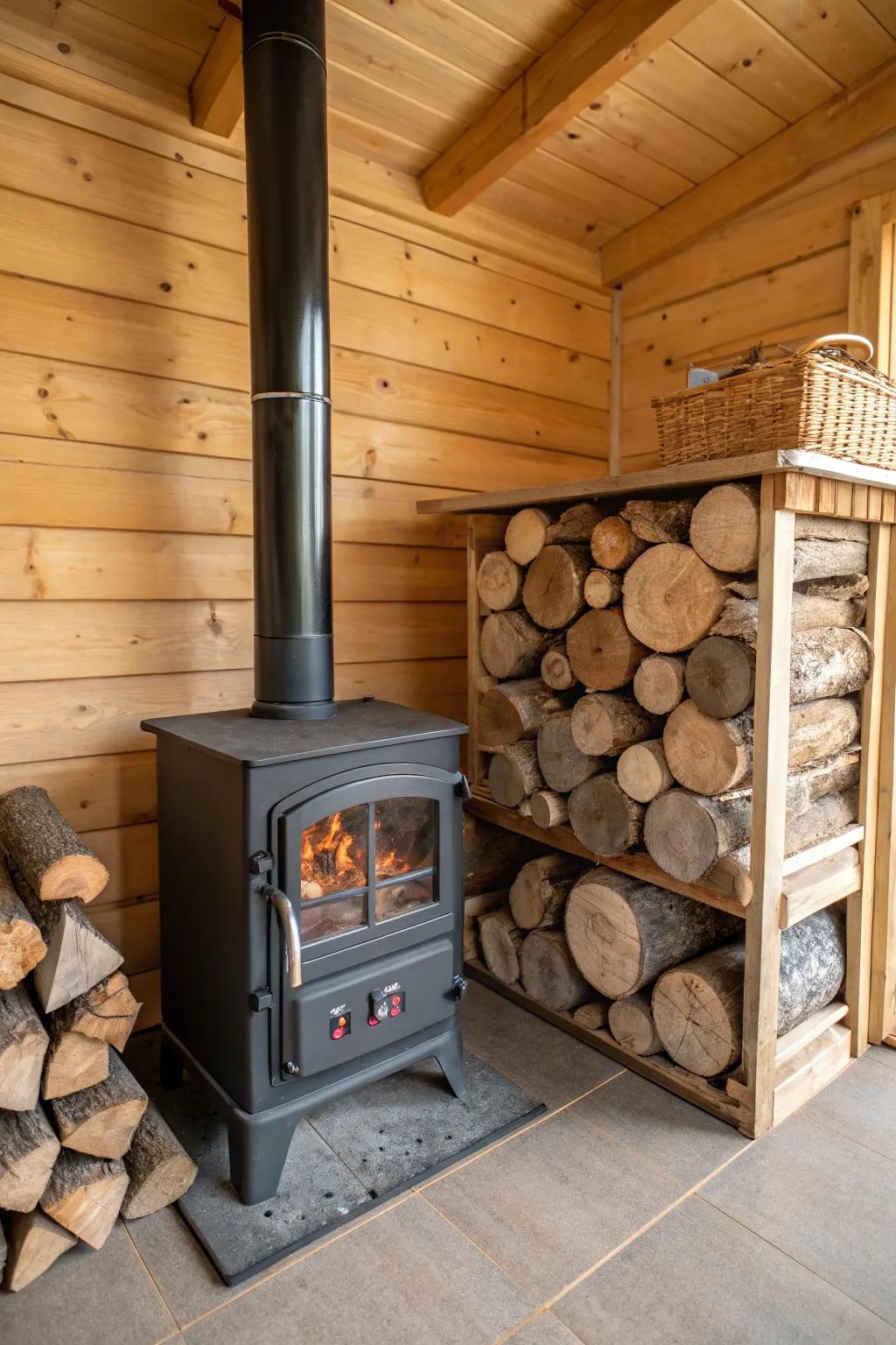 Integrated fuel storage makes wood a stylish and functional part of the decor.