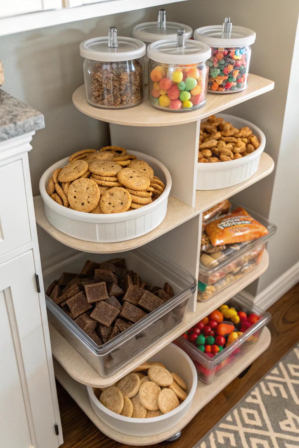 Tiered storage maximizes space and keeps snacks organized.