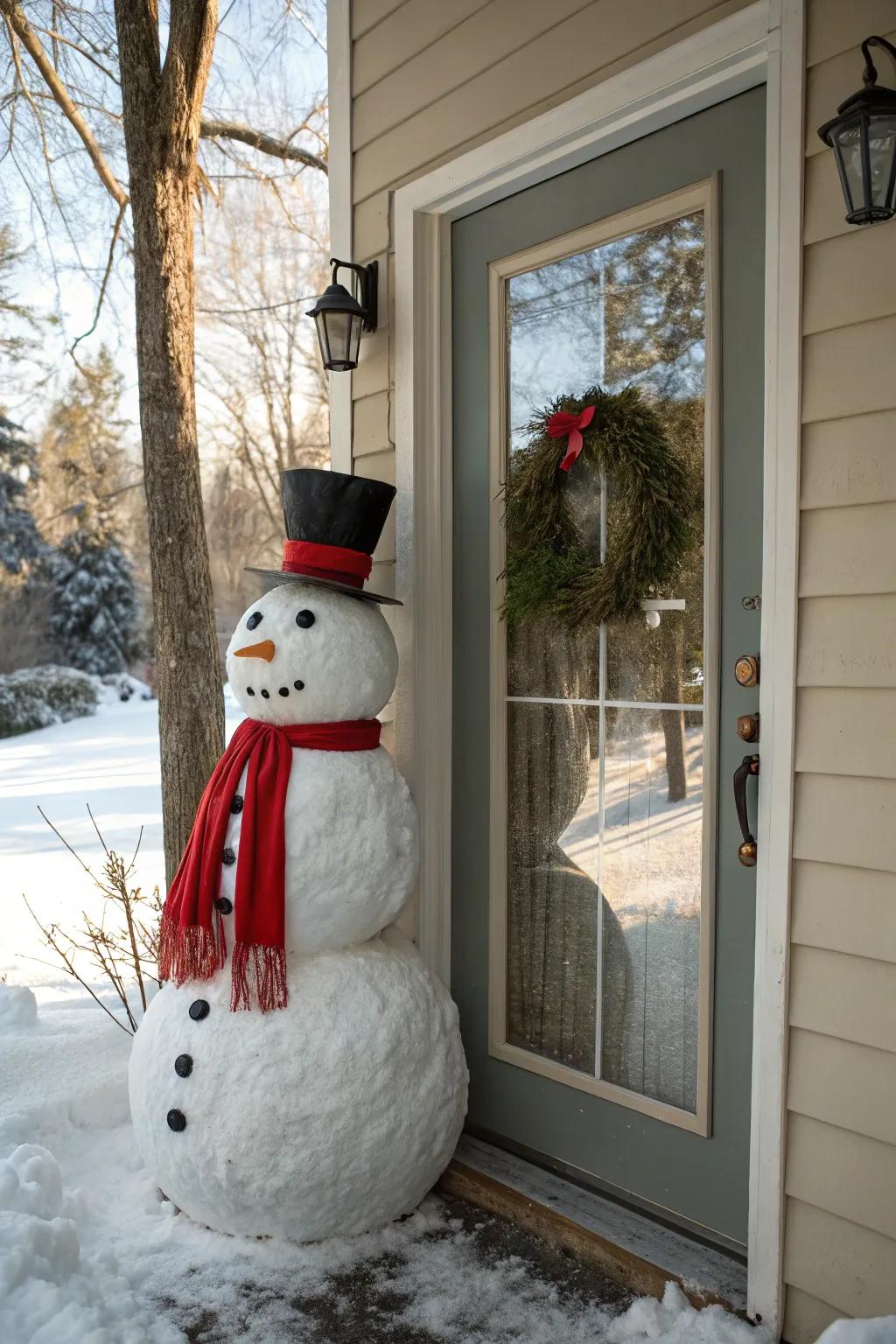 Scarves and caps inject individuality and coziness into your snowman door.