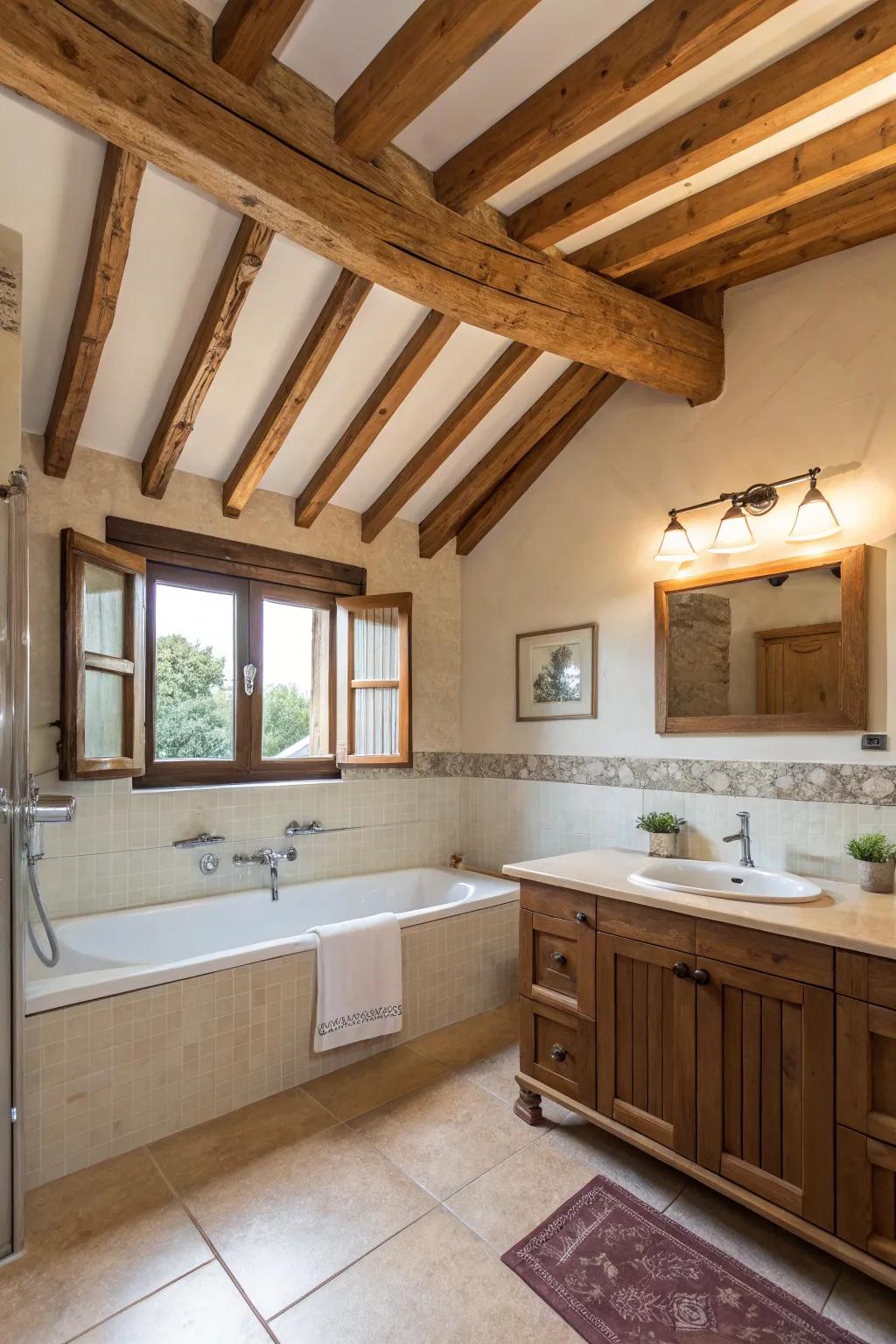 Lumber beams gives a touch of rustic beauty to your Spanish bathroom.