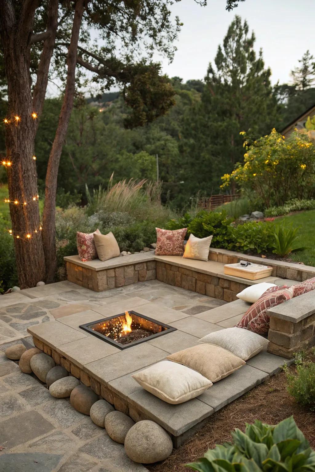 Integrated seating creates a cozy fire pit area.