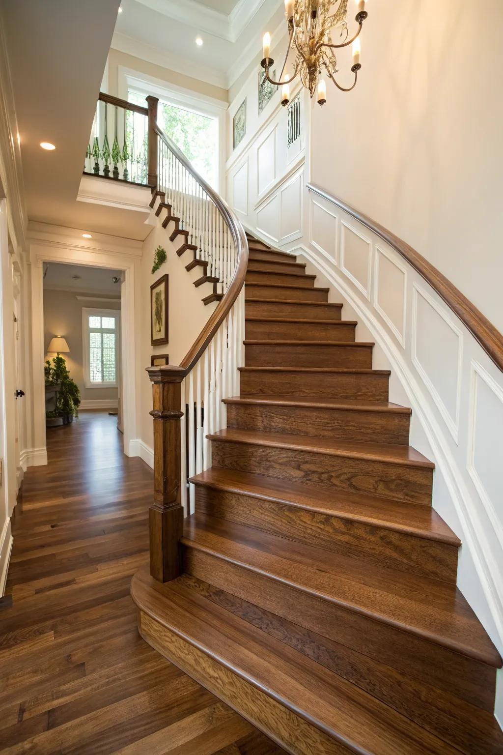 Welcoming wooden steps blend sophistication with organic charm.