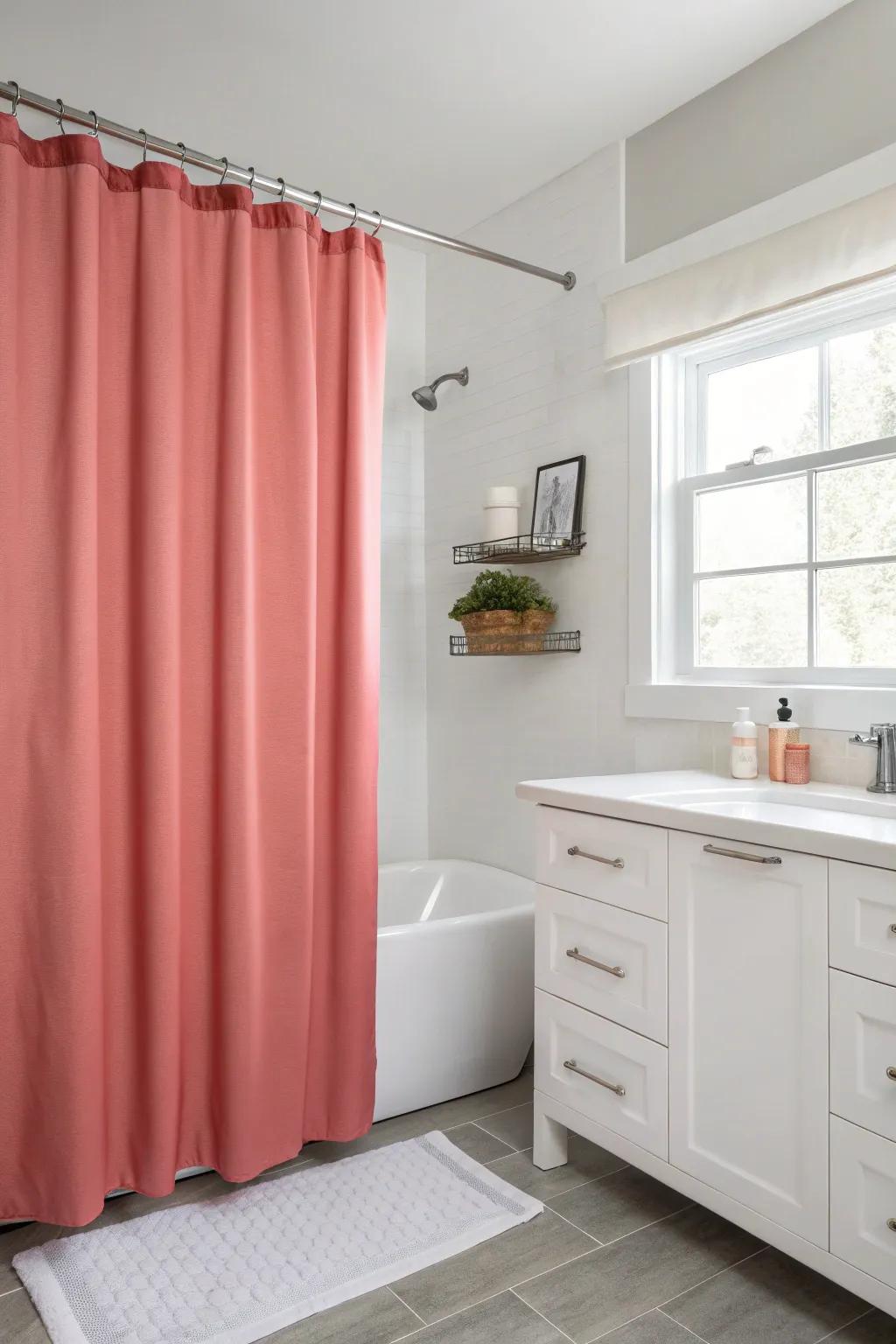 Single-color shower curtains fashion a serene and polished area.