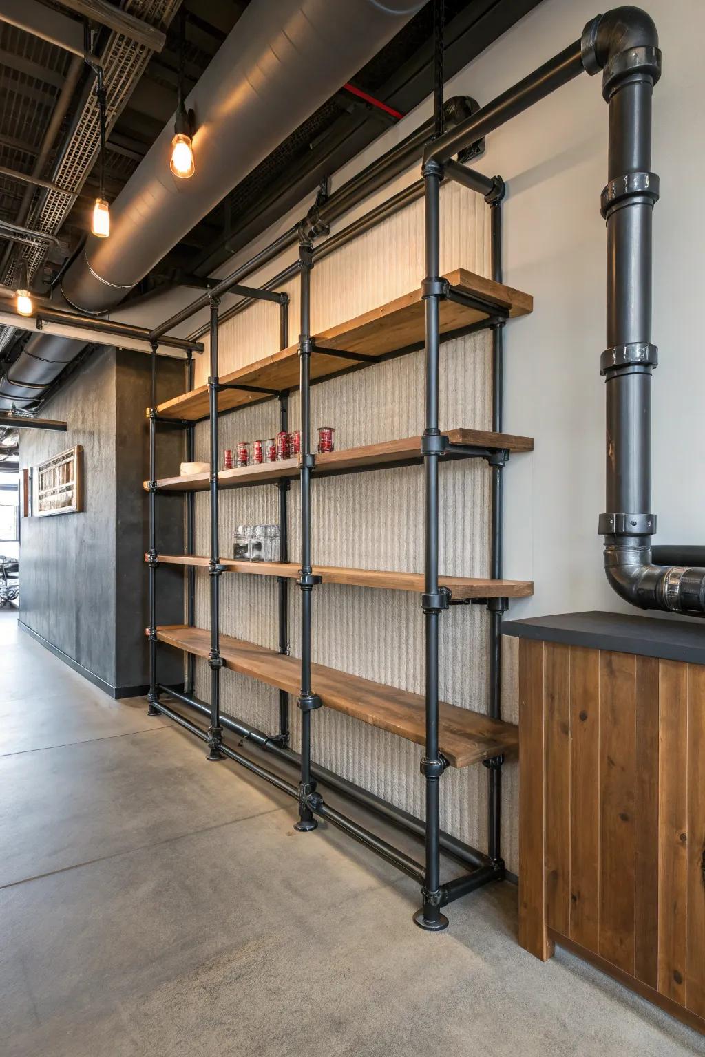 Industrial piping lends a robust elegance to this steampunk-themed room.