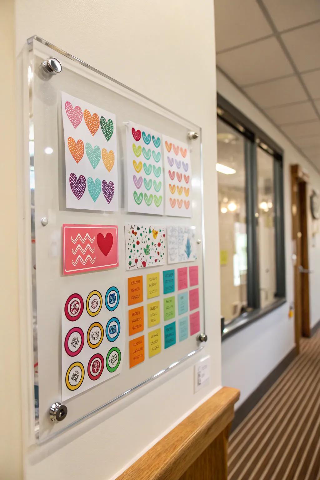 Achieve a modern aesthetic by showing off stickers on a clear board.