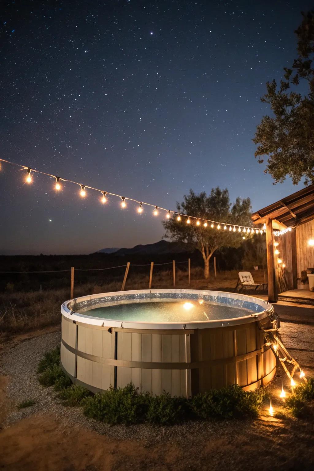 Festoon lights impart a magical sensation to a water trough pool after sunset.