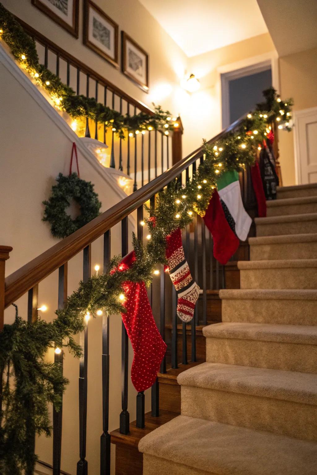 Stockings and garlands bringing festive cheer to staircases.