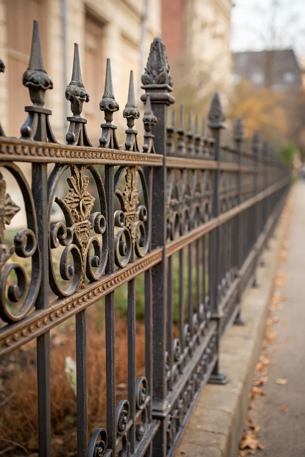 An iron fence featuring varied heights and ornate patterns, adding character to a property.